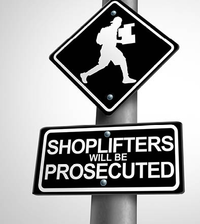 Shoplifting and Shoplifters as Retail crime theft problem to shoplift stores as a criminal shoplifter stealing merchandise from a retailer as larceny and prosecution as a 3D illustration.