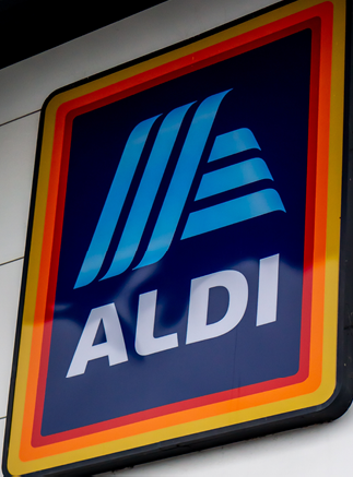 Saffron Walden, Essex, UK - January 12, 2024: Aldi shop sign wall mounted with logo