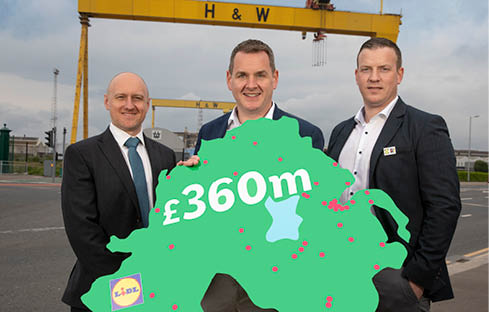 Pictured as a new report marking its 25th anniversary reveals that Lidl Northern Ireland pumped a record £360 million into the local economy in 2023, doubling its annual economic contribution over the past five years, are from left, the report’s author Neil McCullough, Associate Director, Oxford Economics, J.P. Scally, Chief Executive Officer Lidl Ireland and Northern Ireland, and Ivan Ryan, Regional Managing Director, Lidl Northern Ireland.