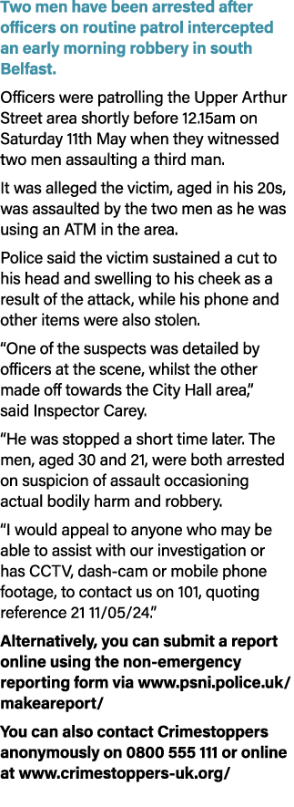 Two men have been arrested after officers on routine patrol intercepted an early morning robbery in south Belfast. Of...