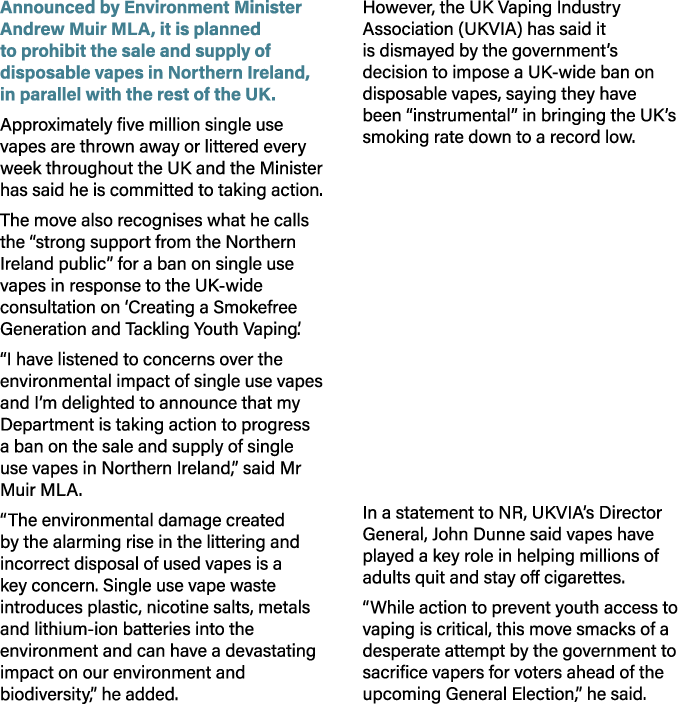 Announced by Environment Minister Andrew Muir MLA, it is planned to prohibit the sale and supply of disposable vapes ...