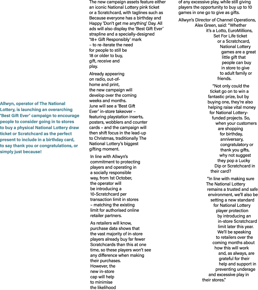 Allwyn, operator of The National Lottery, is launching an overarching ‘Best Gift Ever’ campaign to encourage people t...