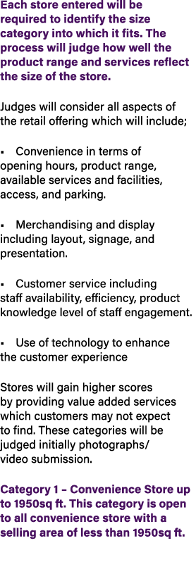 Each store entered will be required to identify the size category into which it fits. The process will judge how well...