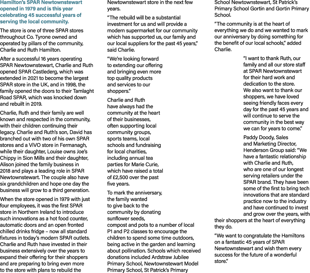 Hamilton’s SPAR Newtownstewart opened in 1979 and is this year celebrating 45 successful years of serving the local c...