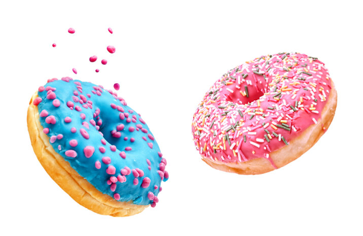 Fresh sweet donuts in motion with multicolored fruit glaze and sprinkles decorated. Fast sweet food concept, bakery ad design elements with glazed frosted falling doughnuts isolated, white background