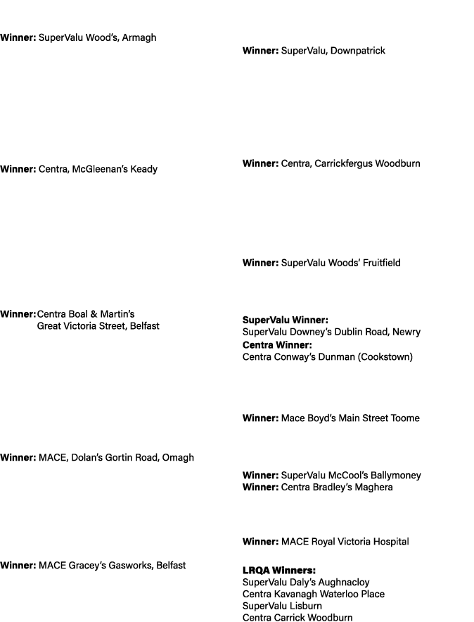 SuperValu Store of the Year, sponsored by Diageo Winner: SuperValu Wood’s, Armagh Finalists: SuperValu McCool’s Bally...