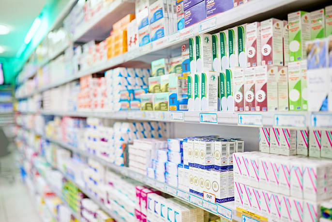 Everything for your ailments. An aisle in a pharmacy.