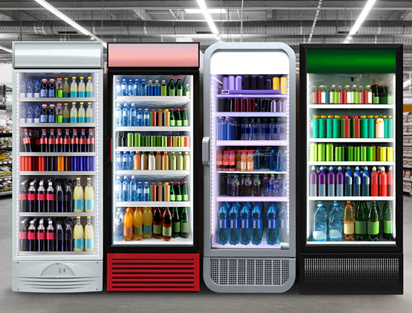 Soda pop drinks and soft drinks in Fridge.