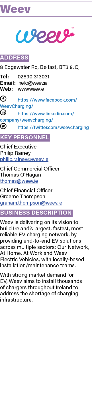 Weev ￼ Address 8 Edgewater Rd, Belfast, BT3 9JQ Tel: 02890 313031 Email: hello@weev.ie Web: www.weev.ie F https://www...