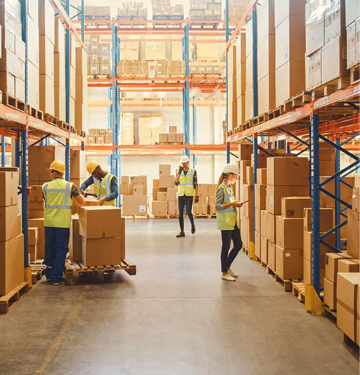 Retail Warehouse full of Shelves with Goods in Cardboard Boxes, Workers Scan and Sort Packages, Move Inventory with Pallet Trucks and Forklifts. Product Distribution Delivery Center.