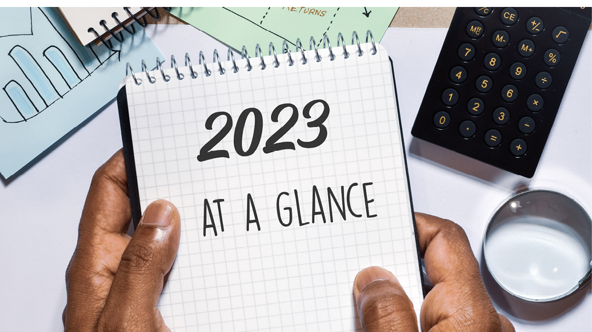 Man holding notepad with the inscription 2023 at a glance. 2023 Year in review, recap, highlights concept.