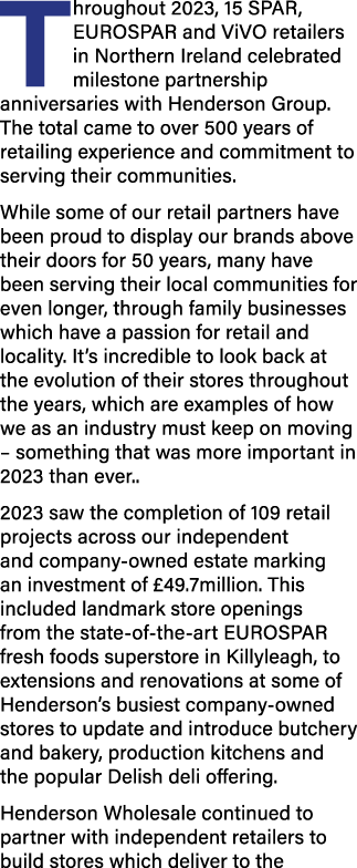 Throughout 2023, 15 SPAR, EUROSPAR and ViVO retailers in Northern Ireland celebrated milestone partnership anniversar...