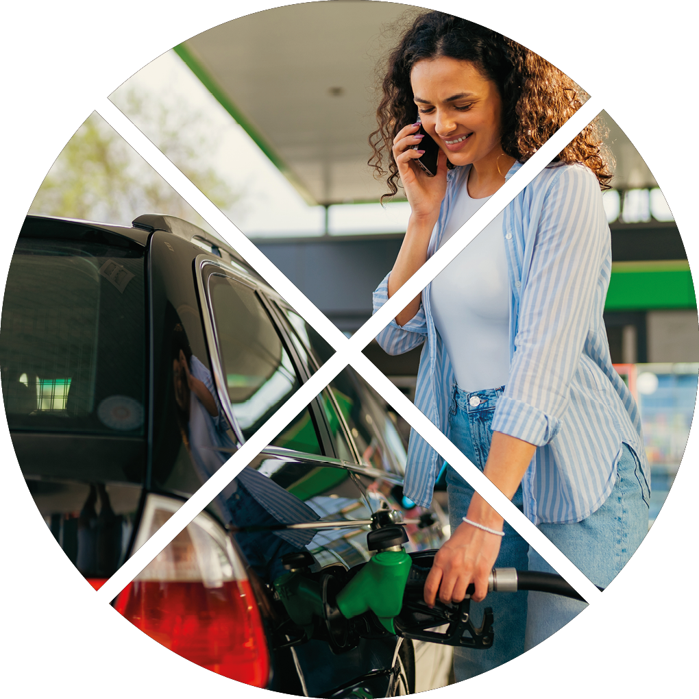 A young woman talks to her boyfriend, a family member, on the phone and fills her car with fuel