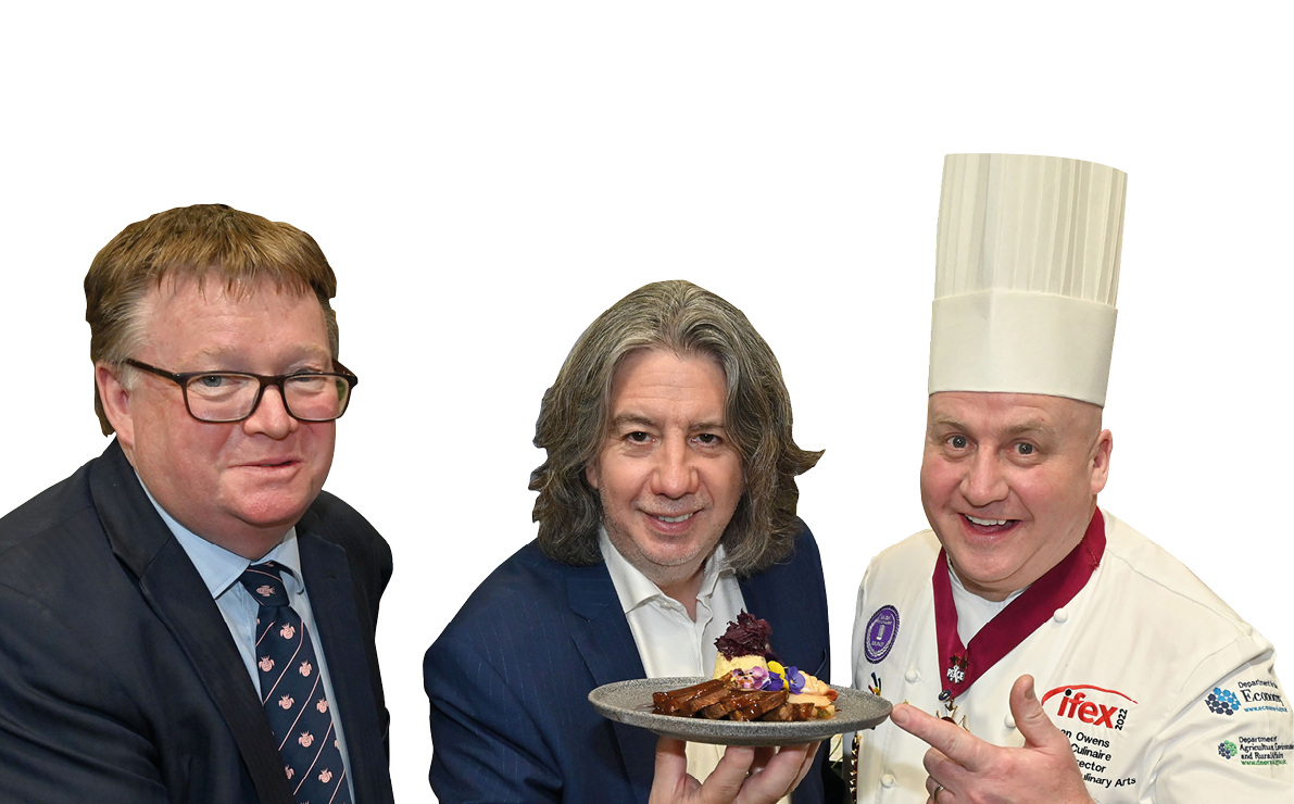 TODAY, 29th March 2022, Multi-Michelin star award-winning chef, Michael Deane, officially opened IFEX - Northern Ireland’s largest food, drink, retail and hospitality exhibition. Taking place at the Titanic Exhibition Centre, Belfast, IFEX will be home to some of the country’s biggest food companies, manufacturers, distributors and artisan producers. The event runs until this Thursday, 31st March, and up to 6,000 industry professionals are expected to attend over the three days.  Pictured are Toby Wand, Managing Director of 365 Events Ltd, Michael Deane and Sean Owens, IFEX Salon Culinaire Director Photo by Simon Graham