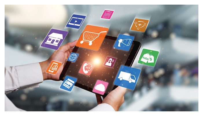 Omni channel technology of online retail business approach. Multichannel marketing on social media network offer service of internet payment channel, online retail shopping and omni digital app