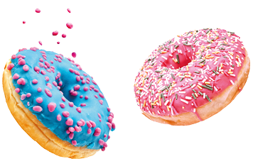 Fresh sweet donuts in motion with multicolored fruit glaze and sprinkles decorated. Fast sweet food concept, bakery ad design elements with glazed frosted falling doughnuts isolated, white background