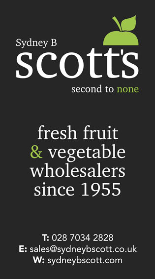 A black and white advertisement for Sydney B. Scott's featuring a picture of a fruit and vegetable stand. AI generated content