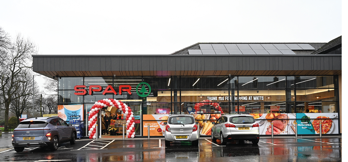 A storefront with a large sign that says “Spar". Cars are parked in front of the store. AI generated content
