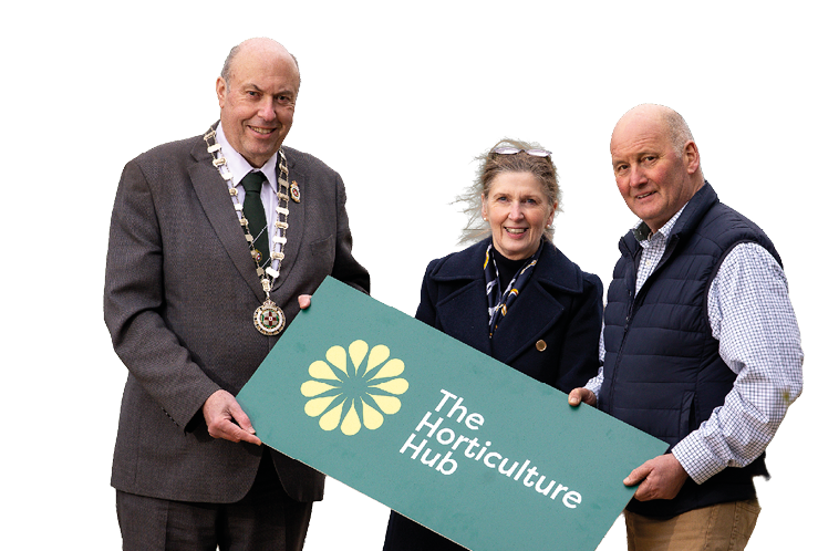 Three people are standing together, holding a sign that says “The Horticulture Hub." AI generated content