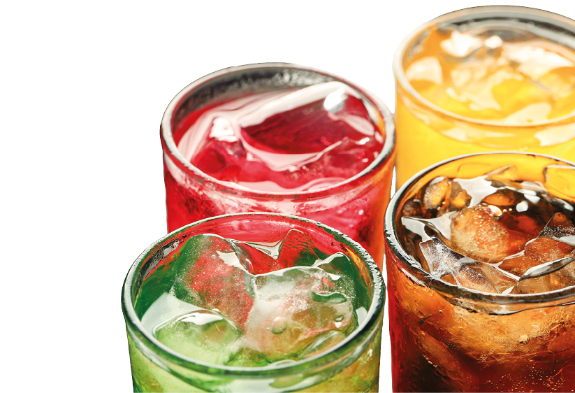 Four glasses of different colored drinks are lined up on a table. AI generated content