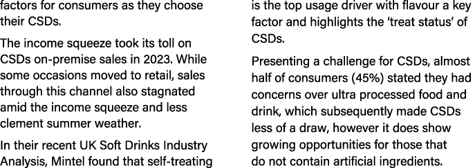 factors for consumers as they choose their CSDs. The income squeeze took its toll on CSDs on premise sales in 2023. W...