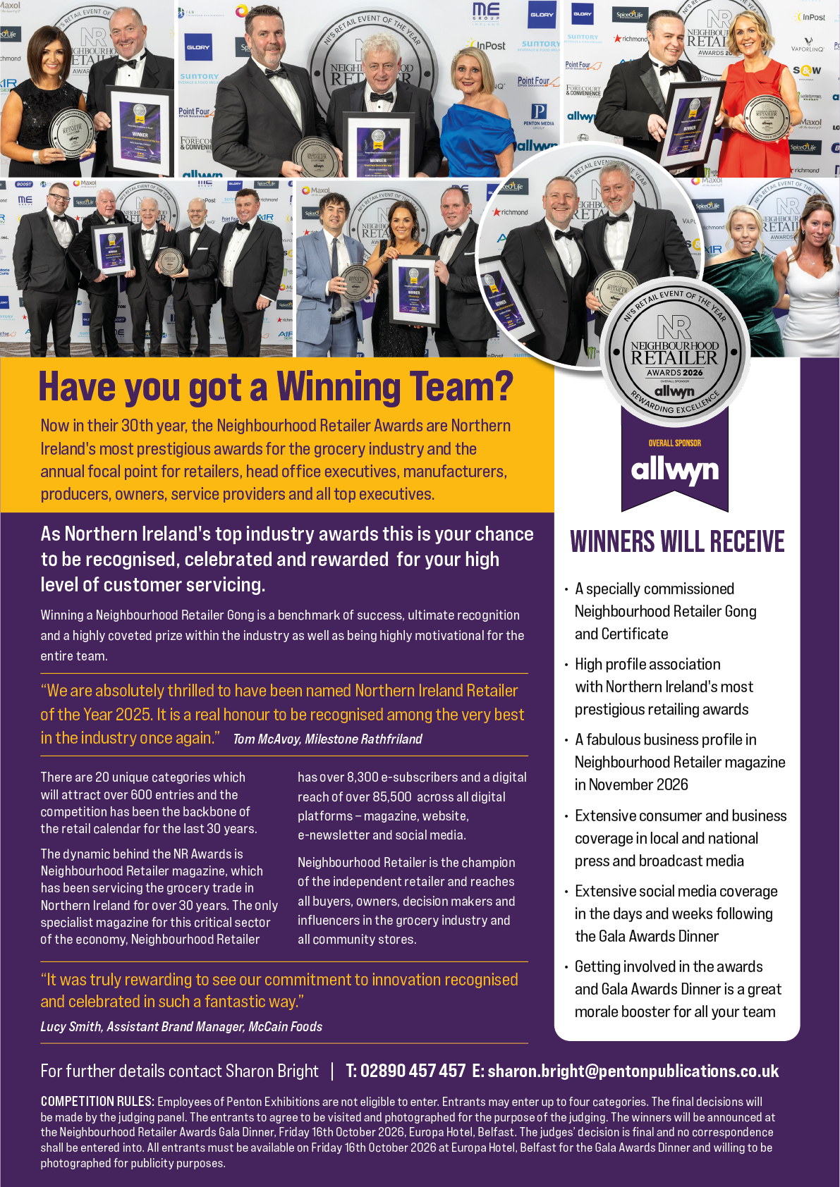 A purple and yellow advertisement for a company. Description generated by AI