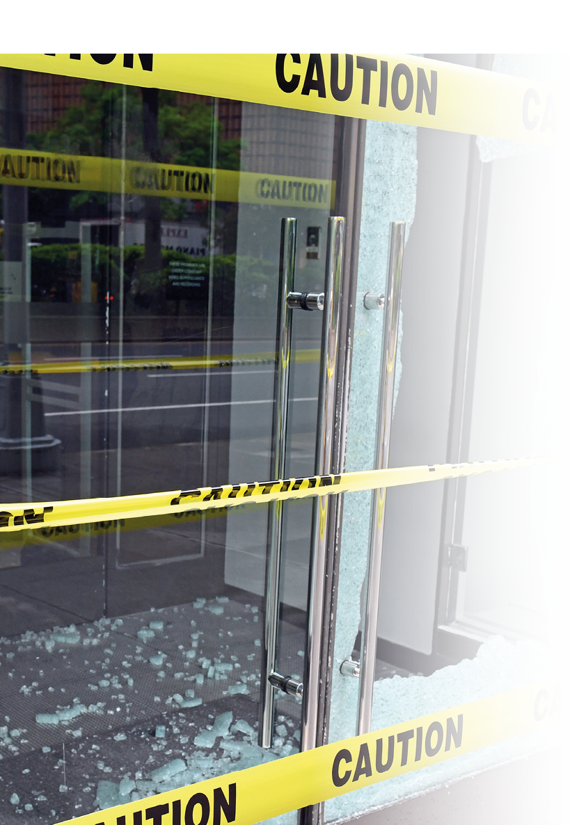 A broken window with a yellow caution tape around it. AI generated content