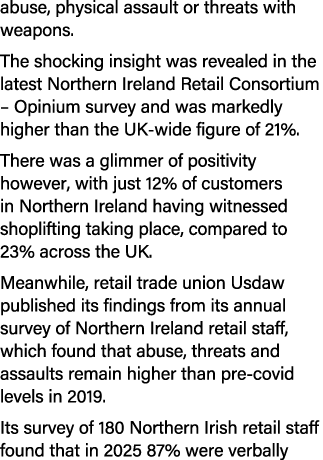 abuse, physical assault or threats with weapons. The shocking insight was revealed in the latest Northern Ireland Ret...