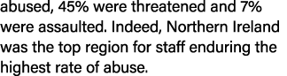 abused, 45% were threatened and 7% were assaulted. Indeed, Northern Ireland was the top region for staff enduring the...