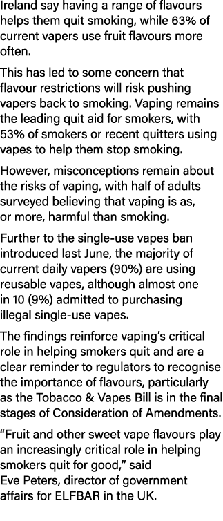 Ireland say having a range of flavours helps them quit smoking, while 63% of current vapers use fruit flavours more o...