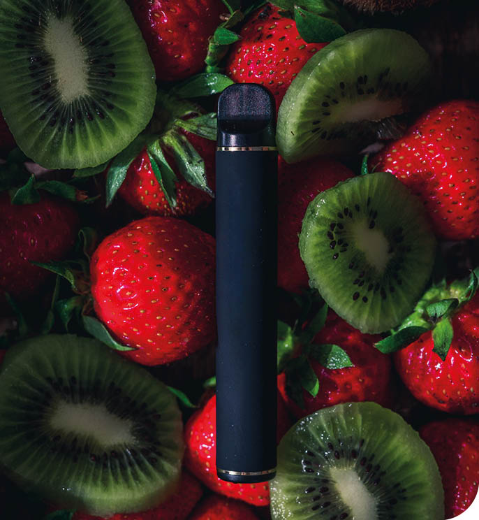 A black vaporizer is placed next to a pile of strawberries and kiwis. AI generated content