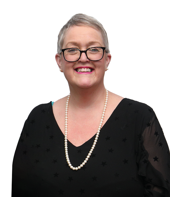 A woman wearing a black shirt and pearl necklace. Description generated by AI