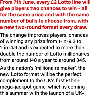 From 7th June, every £2 Lotto line will give players two chances to win – all for the same price and with the same nu...