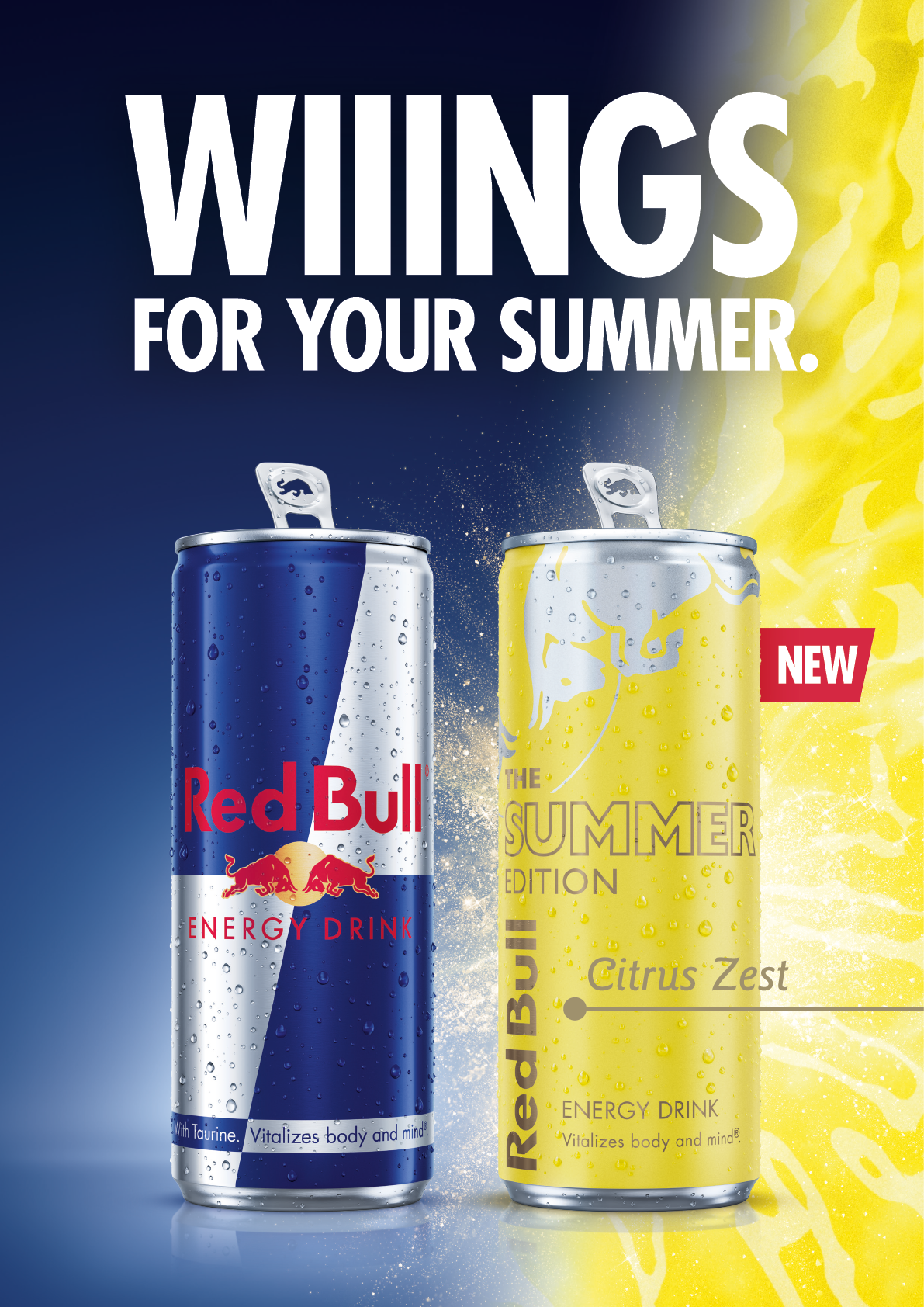 A poster advertising Red Bull and Fruit Zest. Description generated by AI