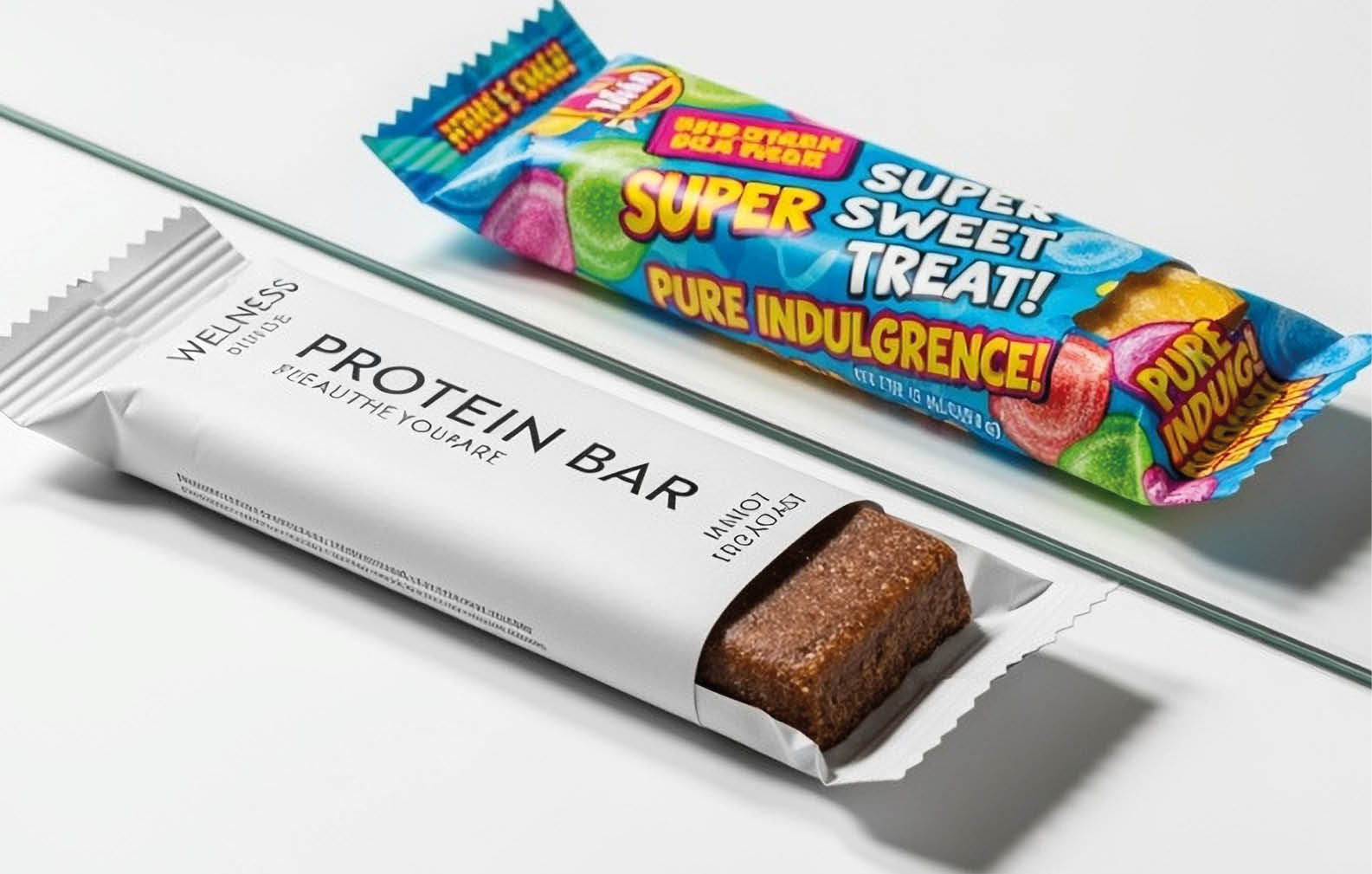 A protein bar and a candy bar are on a table. Description generated by AI