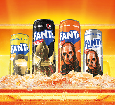 A box of Fantast beverages with a fire background. Description generated by AI