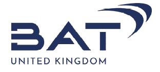 A blue and white logo for BAT United Kingdom. Description generated by AI