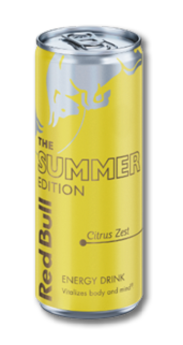 A yellow can of Red Bull energy drink. Description generated by AI