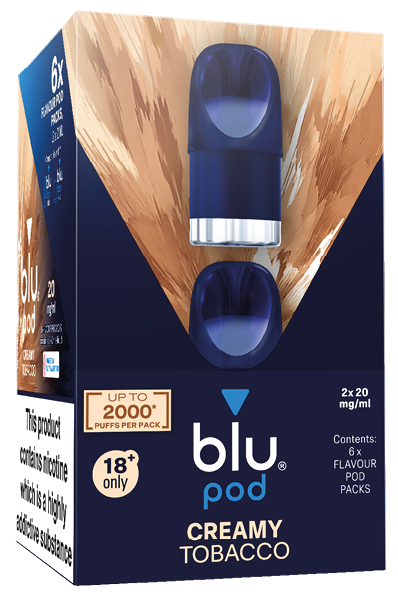 A blue and white box of Blue Pod. Description generated by AI