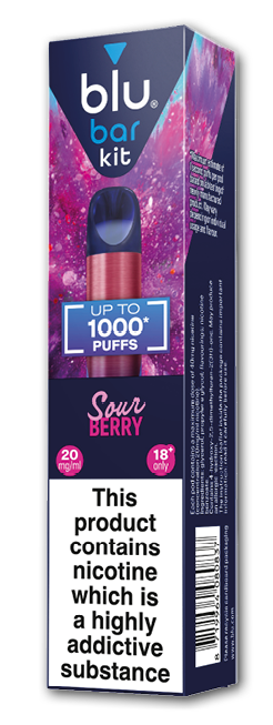 A purple and blue box of Blu Bar. Description generated by AI