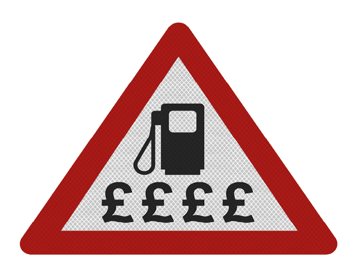 A red and white sign with a pump and a number of pounds on it. Description generated by AI