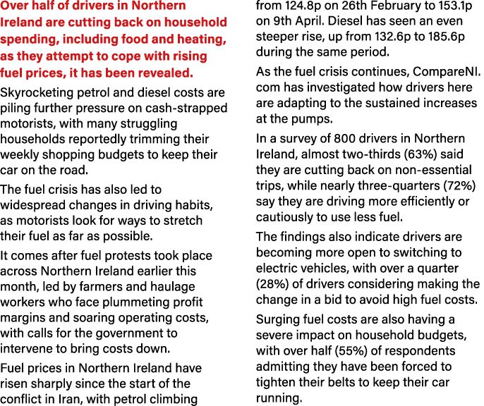 Over half of drivers in Northern Ireland are cutting back on household spending, including food and heating, as they ...