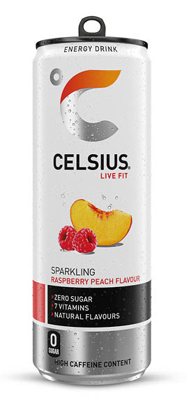 A can of energy drink with a red and white label. Description generated by AI