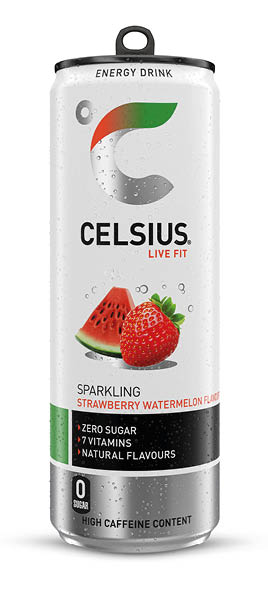 A can of energy drink with a strawberry on it. Description generated by AI