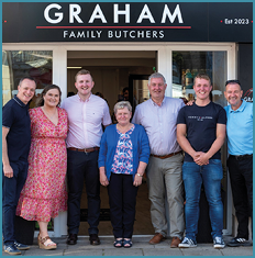 A group of people standing in front of a store. Description generated by AI