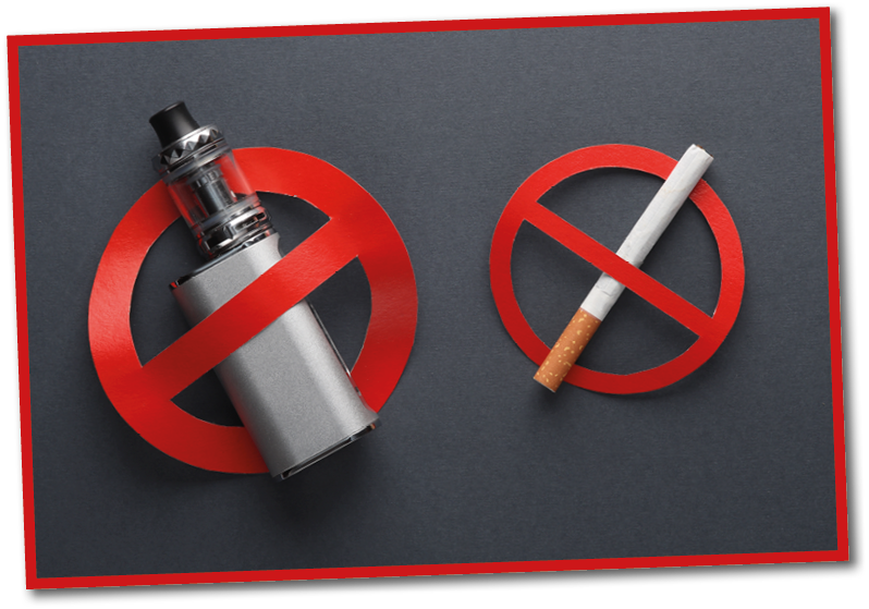 Two signs with a cigarette and a vape. Description generated by AI