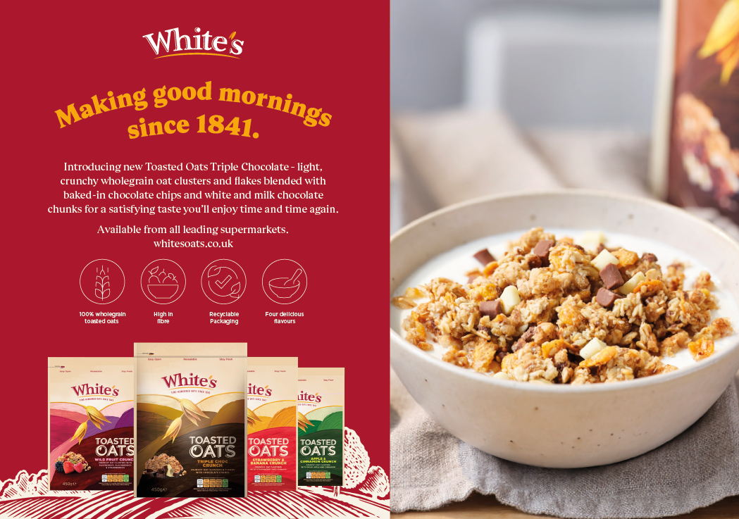 A bowl of cereal with a box of cereal next to it. Description generated by AI