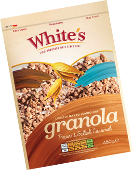 A granola cereal box with a picture of granola on it. Description generated by AI