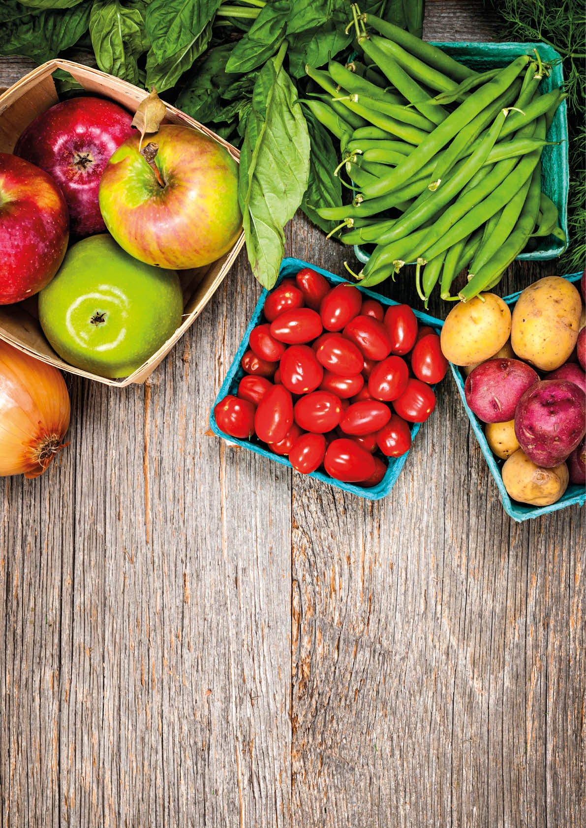 Fresh farmers market fruit and vegetable from above with copy space