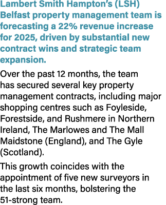 Lambert Smith Hampton’s (LSH) Belfast property management team is forecasting a 22% revenue increase for 2025, driven...
